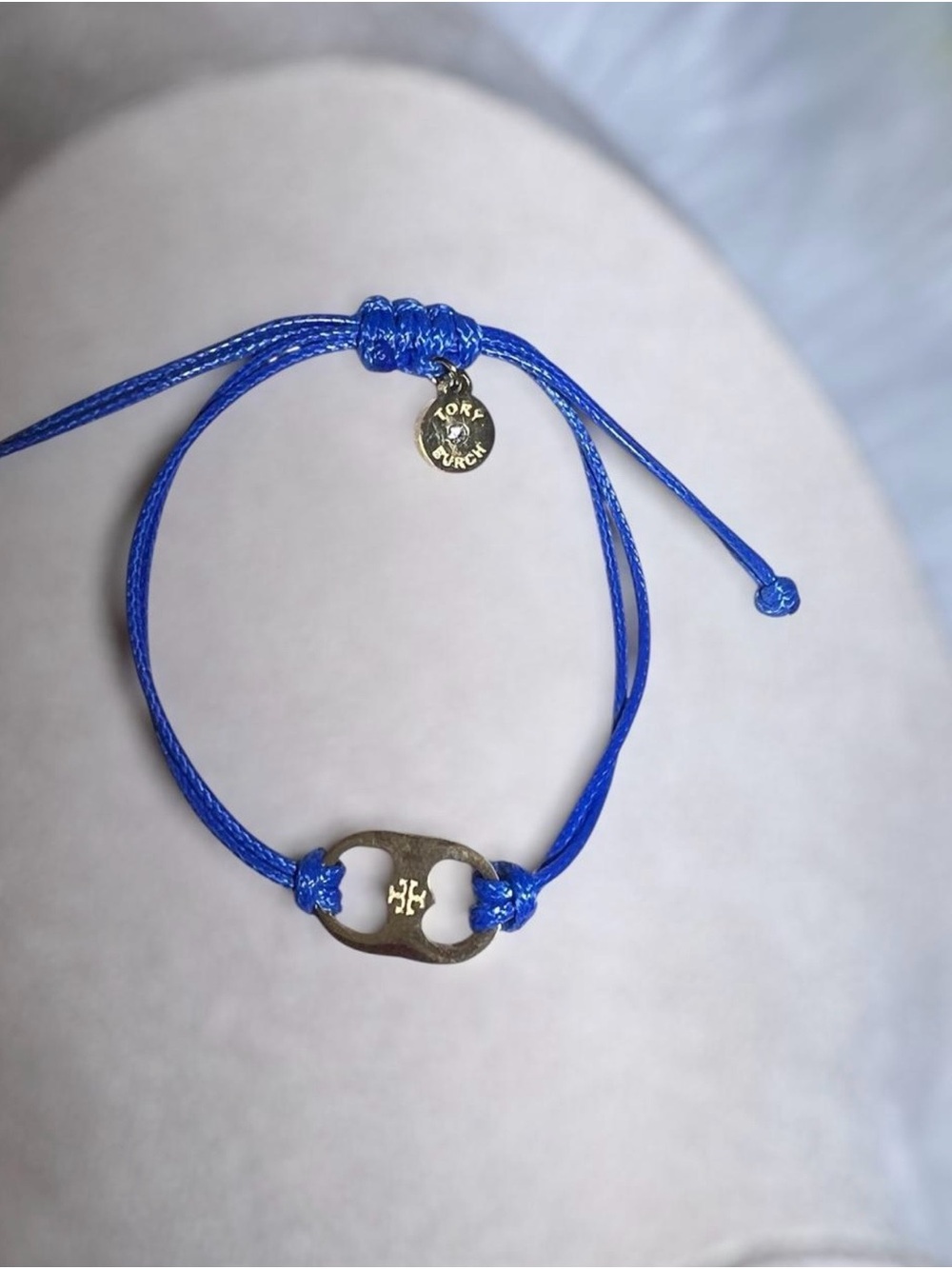Tory Burch Royal Blue Adjustable Cord Bracelet with Gold Logo Charm